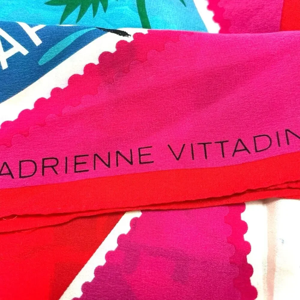 Vintage Adrienne Vittadini silk scarf square pink & colorful stamps travel theme